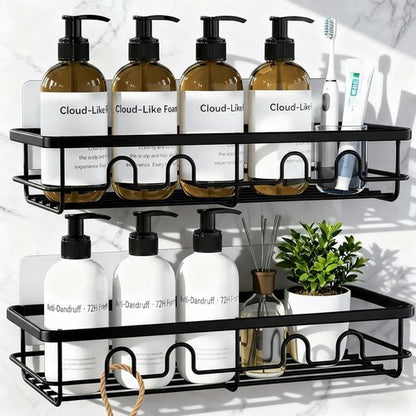 Adhesive Shower Caddy - Large Capacity Bathroom Organizer | No Drill Black Shower Shelves, 2 Pack
