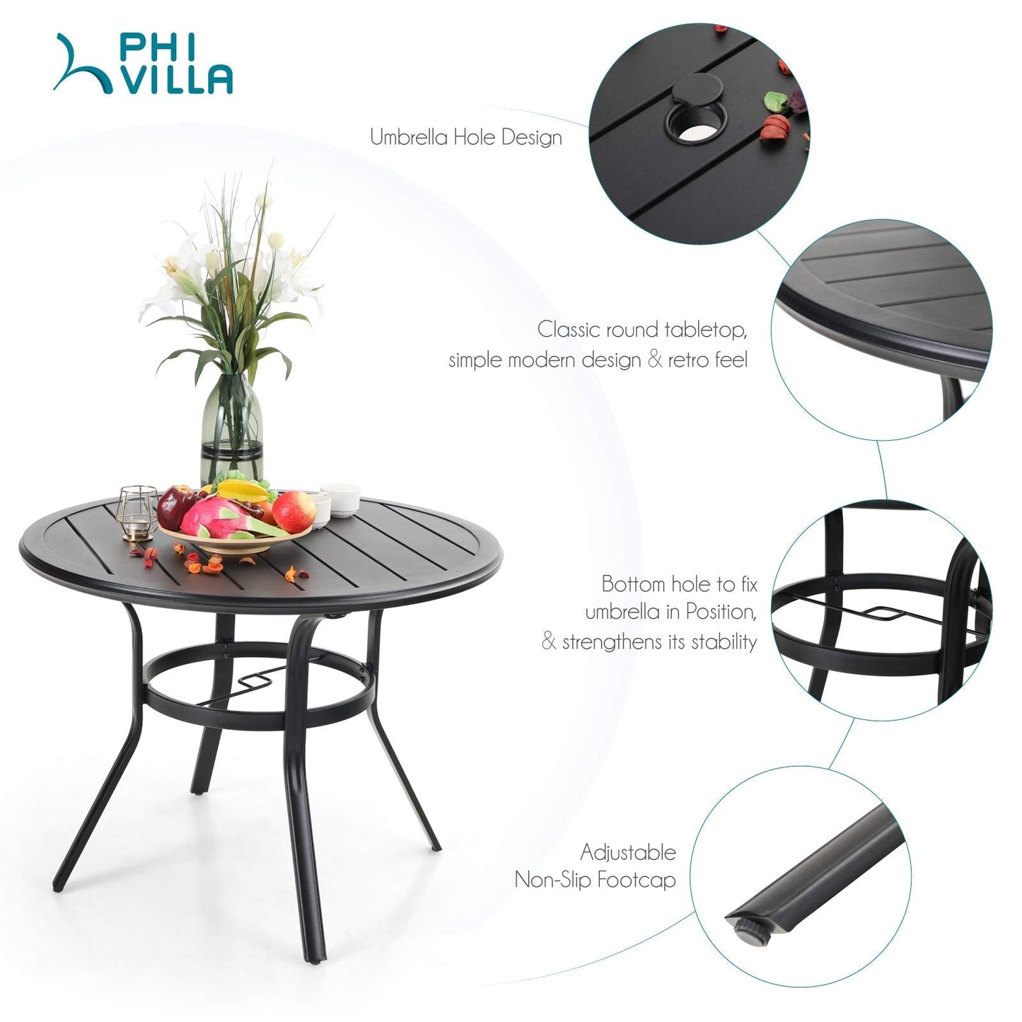 PHI VILLA Patio Dining Set 5 Piece, 4 Padded Textilene Swivel Patio Chairs and 1 Round Metal Table with 1.57" Umbrella Hole, All Weather Resistant for Lawn Garden