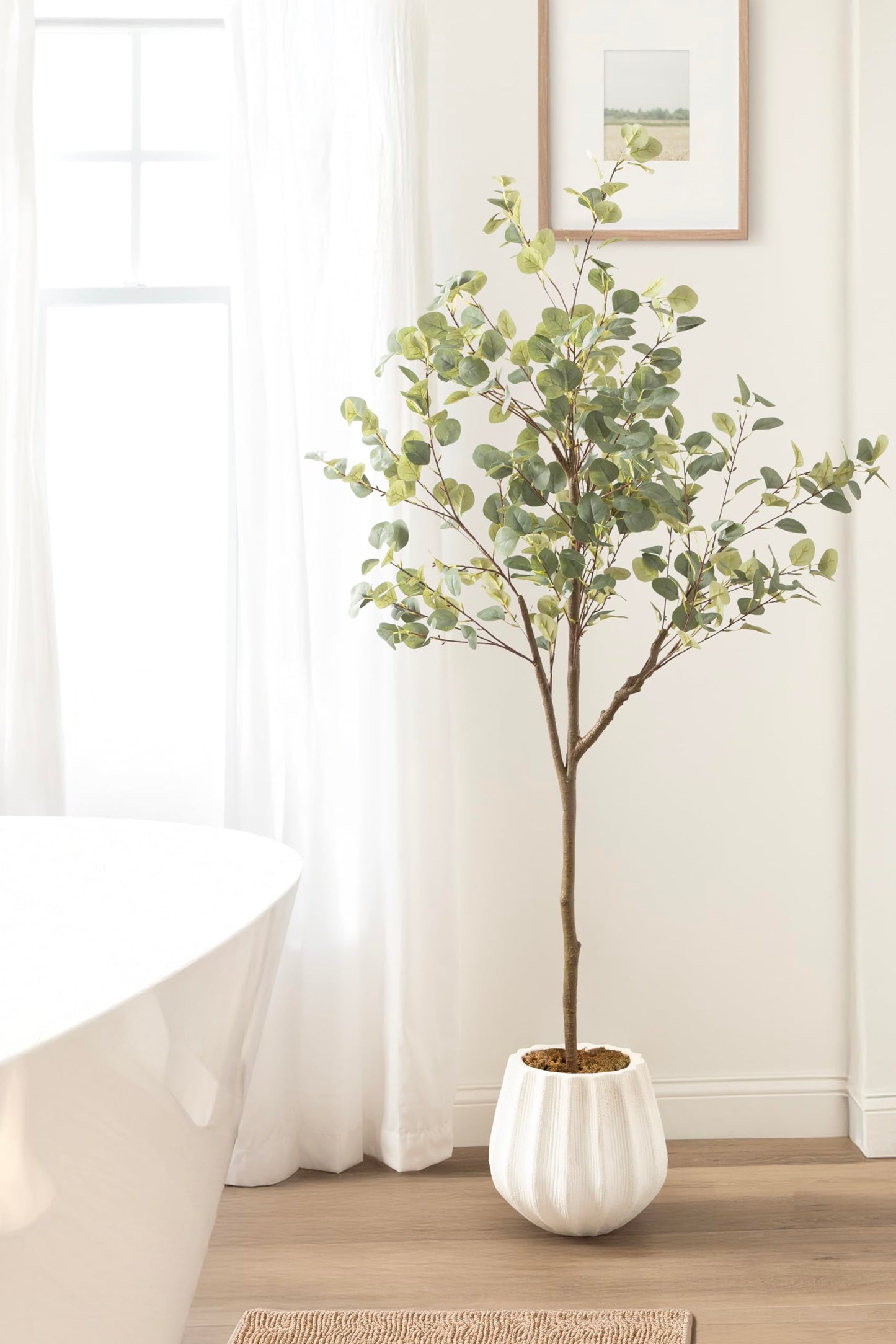 Kate and Laurel Eudora Faux Eucalyptus Tree with Claudel Scalloped Planter Pot, 6 FT, White, Potted Artificial Tree Indoor with Realistic Foliage and Added Moss, Fake Plant for Living Room Decor