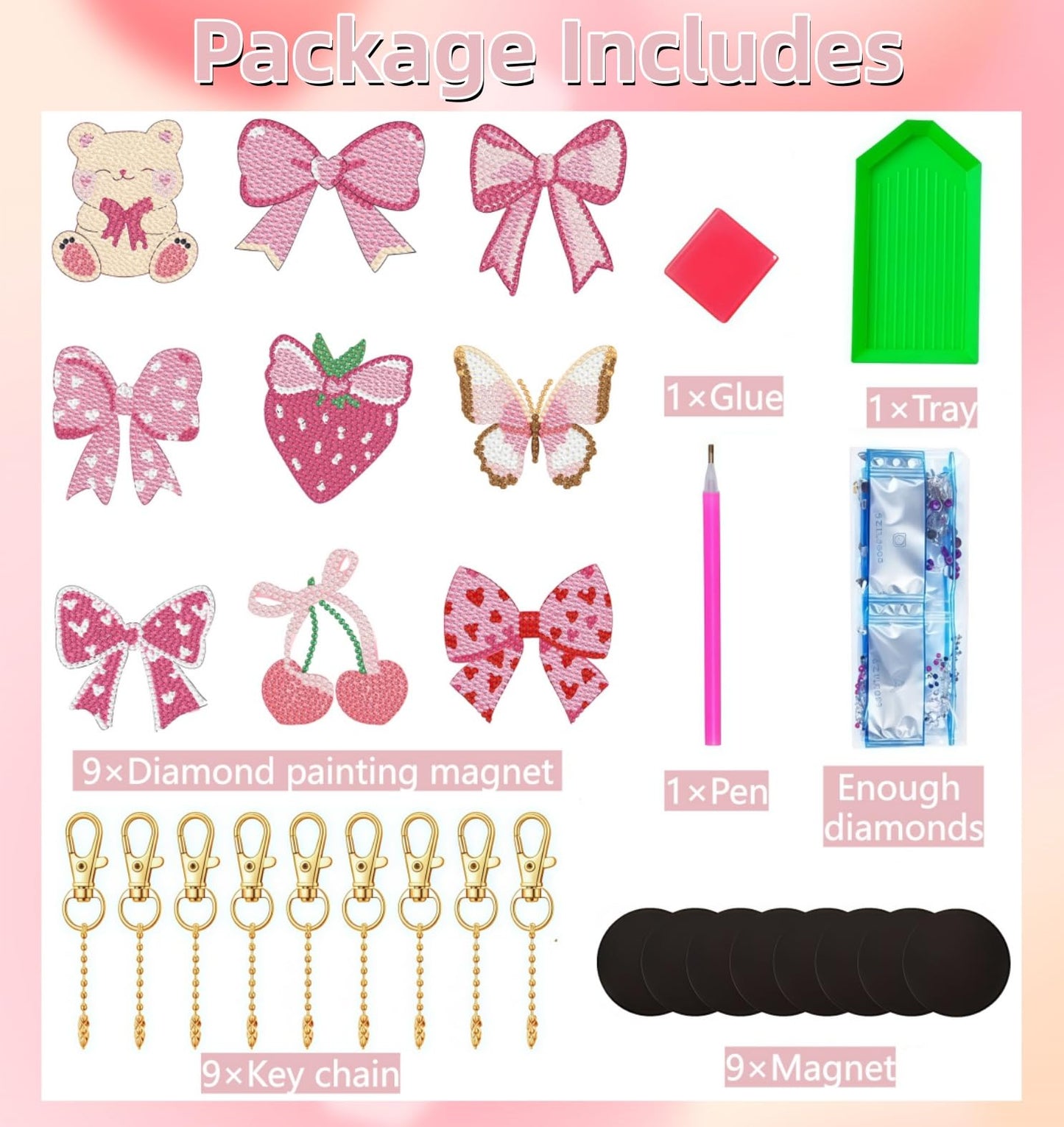 Bulerrylulu 9 Pcs Pink Diamond Painting Magnets Kits Bow Fridge Magnet Stickers Diamond Art Painting Keychains Gem Painting kit for Beginners Adults DIY Art Craft Gifts Home Decors