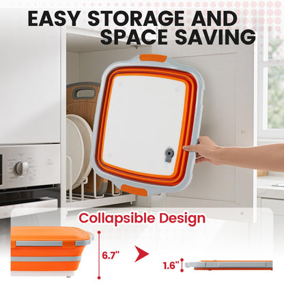 BBQ Prep Tub 3-IN-1 Large 16L Collapsible Cutting Board with Locking Lid for Meal Prep Marinating Food, Camping Sink with Colander, Dish Basin, Storage Blanket for Camping Picnic BBQ, Orange
