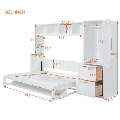 Ball & Cast Murphy Bed Queen Size Wall Beds with Closet and Storage Drawers,Wood Hideaway Platform Bedframe w/Lock,can be Folded,Easy Assembly,for Kids Bedroom,Student Dorms,White