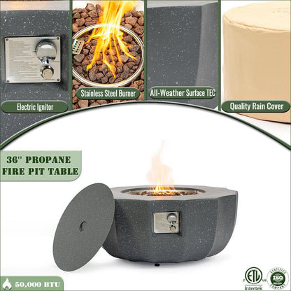 36 Inch Propane Fire Pit Table 50000 BTU Round Concrete Gas Fire Table with Lid Outdoor Patio Firepit for Deck Garden Backyard, Gray
