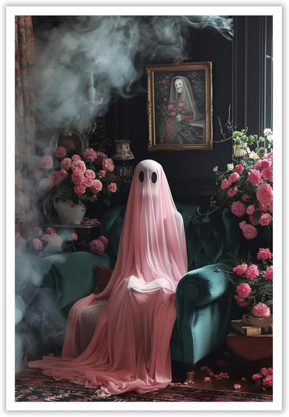 ADRHGCY Retro Pink Ghost Posters, Cute Horror Scary Wall Art, Ghost Figure Sitting on Weeds, 12x16in Unframed
