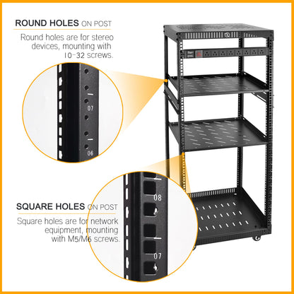 RIVECO 25U Network Rack with Reinforced Top Cover - 4 Post Floor Rack on Wheels Including Rack Mount Power Strip & 2PCS 1U Rack Shelves & 12" Rack Shelves 2 PCS
