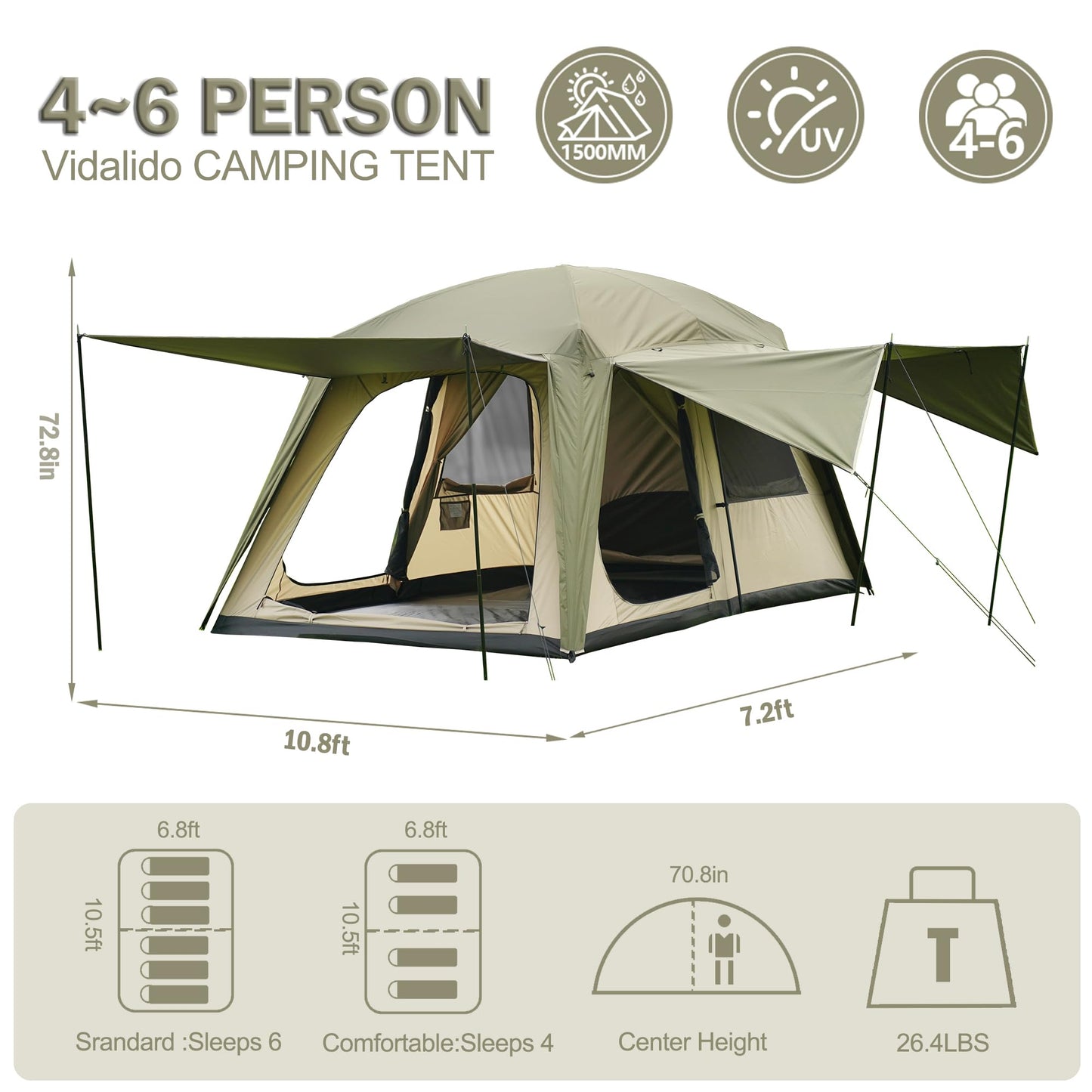 Vidalido 4-6 Person Camping Tent with 3 Door 2 Room Large Family Cabin Tents, Double Layer Waterproof Portable Glamping Tent, Big Tents for Outdoor Camping Hiking and Backpacking