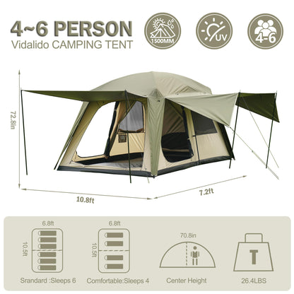 Vidalido 4-6 Person Camping Tent with 3 Door 2 Room Large Family Cabin Tents, Double Layer Waterproof Portable Glamping Tent, Big Tents for Outdoor Camping Hiking and Backpacking