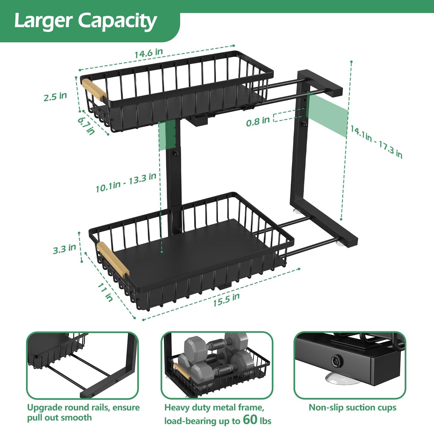 ADRIMER Under Sink Organizer 2 Packs, Pull Out Kitchen Sink Organizer, 2 Tier Slide Out Kitchen Organizers and Storage Bathroom Under Cabinet Storage Shelf, Black
