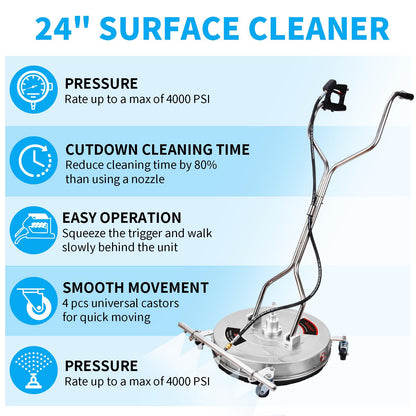 DAIMOT 24" Pressure Washer Surface Cleaner with 5 Nozzles Water Broom - Stainless Steel Surface Cleaner for Pressure Washer Attachment for Concrete, Patio, Sidewalk, Deck and Driveways, 4200 PSI