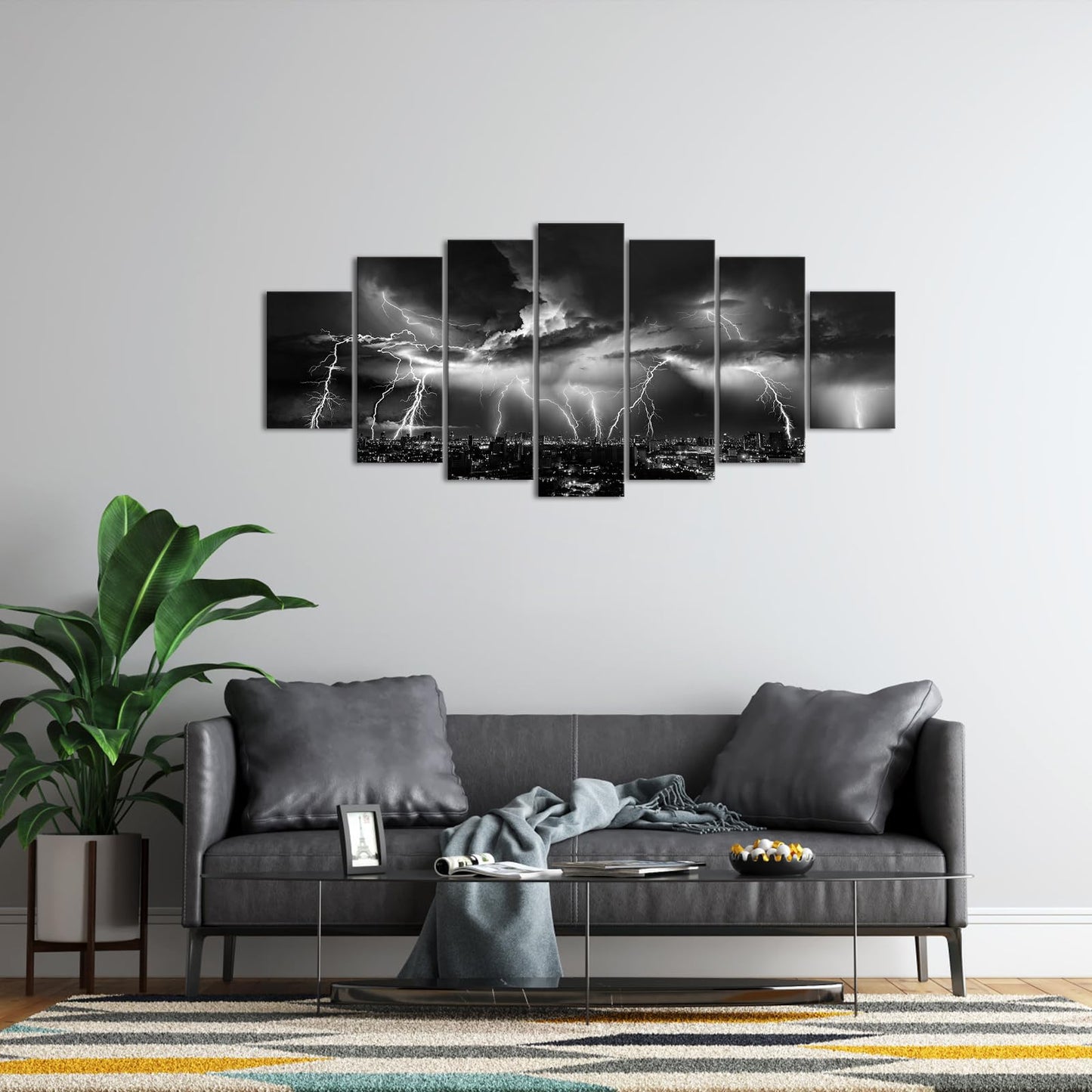 Biuteawal Large 7 Piece Black and White Wall Art Lightning Strikes Painting on Canvas Storm Cityscape Picture Print Nature and City Artwork for Home Office Bedroom Decoration