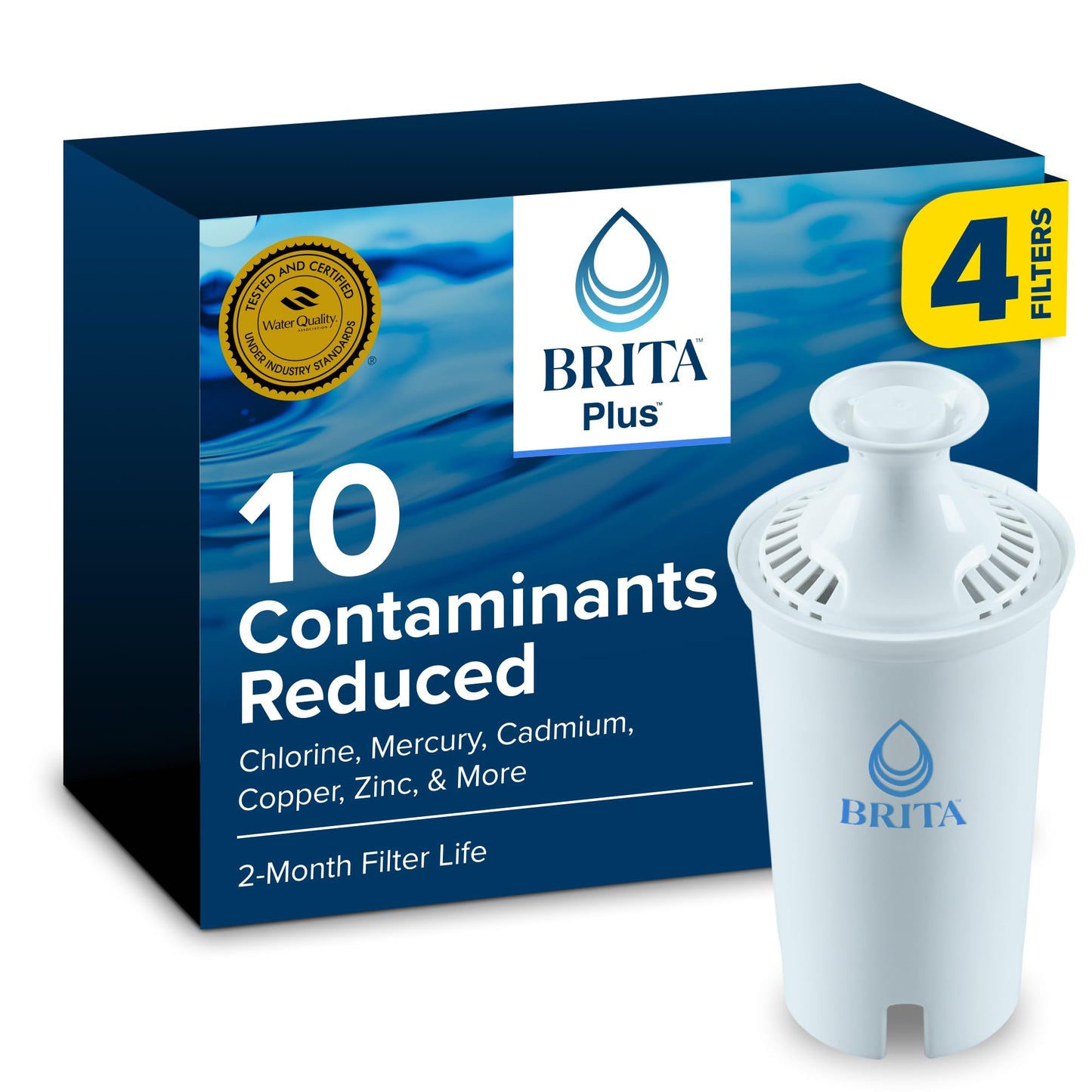 Brita Plus Water Filter, BPA-Free, High-Density Replacement Filter for Pitchers and Dispensers, Reduces 2x Contaminants*, Lasts Two Months or 40 Gallons, Includes 4 Filters