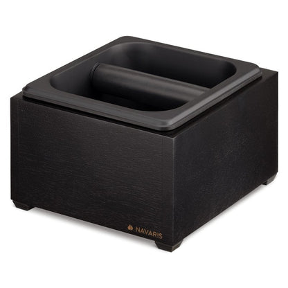 Navaris Coffee Knock Box - Stainless Steel and Wood Bin for Espresso Machine Coffee Grounds - With Silicone Bar for Knocking Filter Grinds - Black