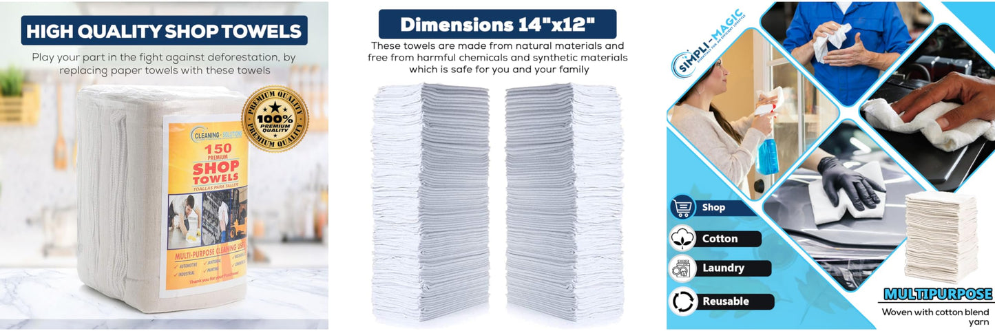 Simpli-Magic Cotton Shop Towels 14"x12" (145 Pack) – Reusable Cleaning Shop Rags for Automobiles, Industries, Garage and Homes (White)
