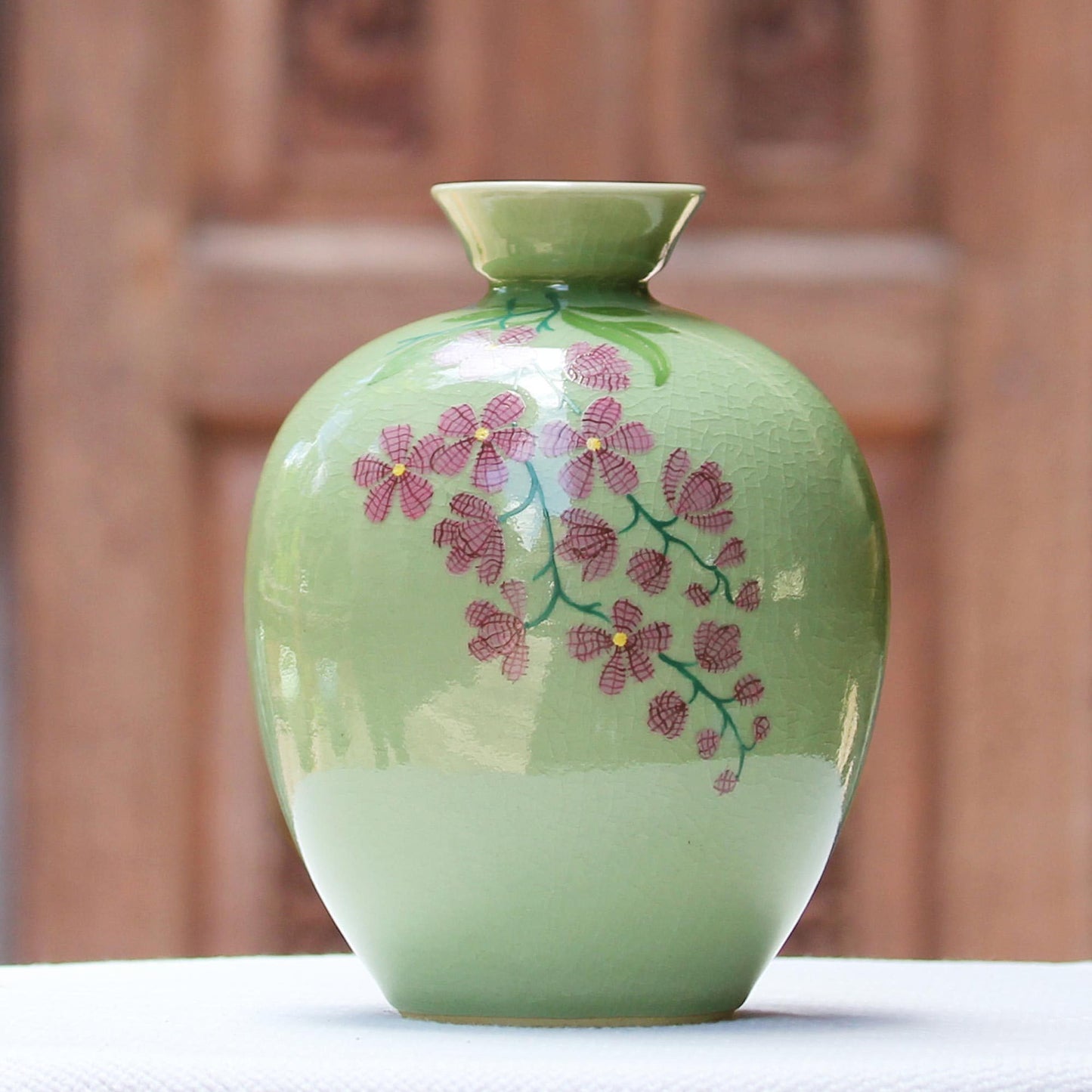 NOVICA Artisan Handcrafted Celadon Ceramic Vase Floral from Thailand Pink Vases [8.5in H x 6.5in Diam.] ' Round Garden'