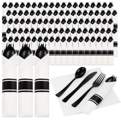 Supernal 120 Pack Black Plastic Silverware,Rolled Silverware Disposable,Pre Wrapped Cutlery Set with Napkin,Plastic Utensils Heavy Duty, Rolled Black Cutlery
