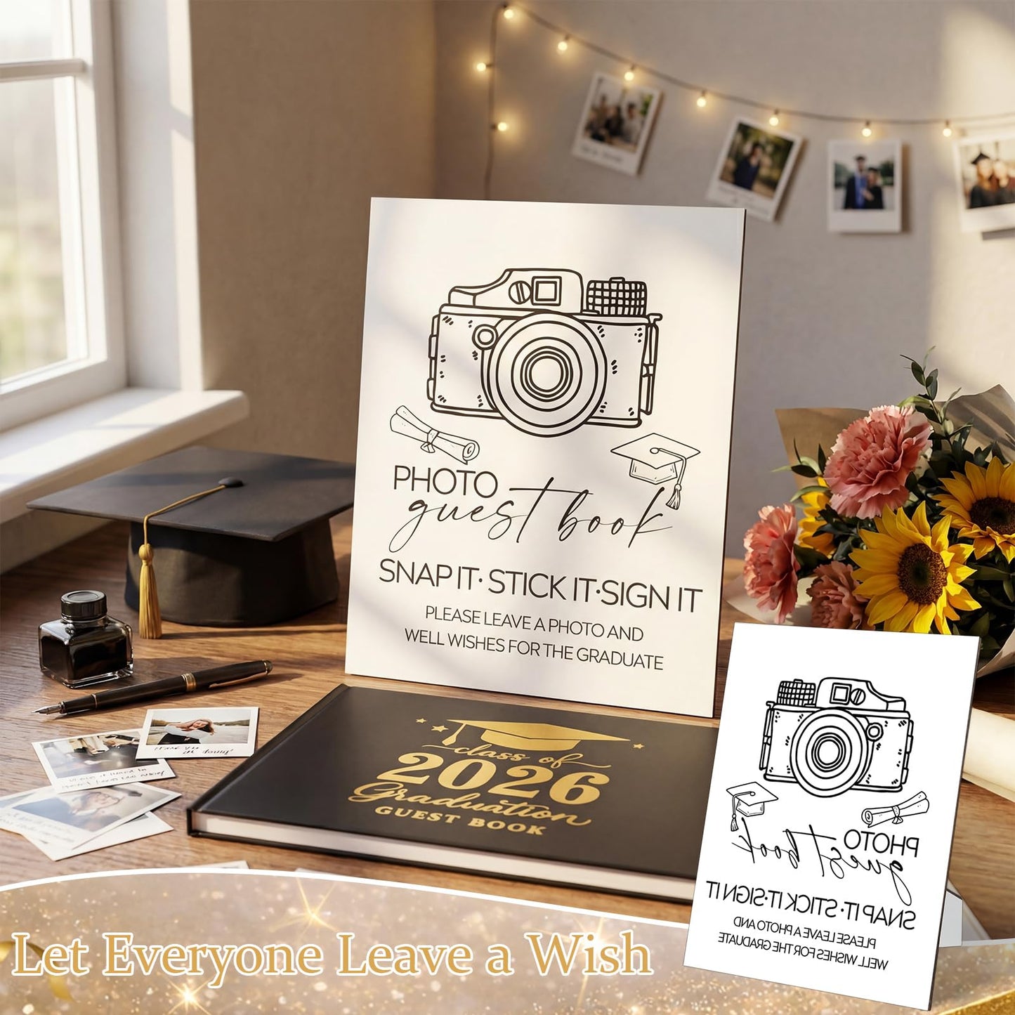 Gersoniel 8 Pcs 2026 Graduation Guest Book Set Photo Sign in Book 100 Pages Class of 2026 Scrapbook Photo Album with Pen Wooden Display Stand Washi Tape DIY for Grad High School College Party Supplies