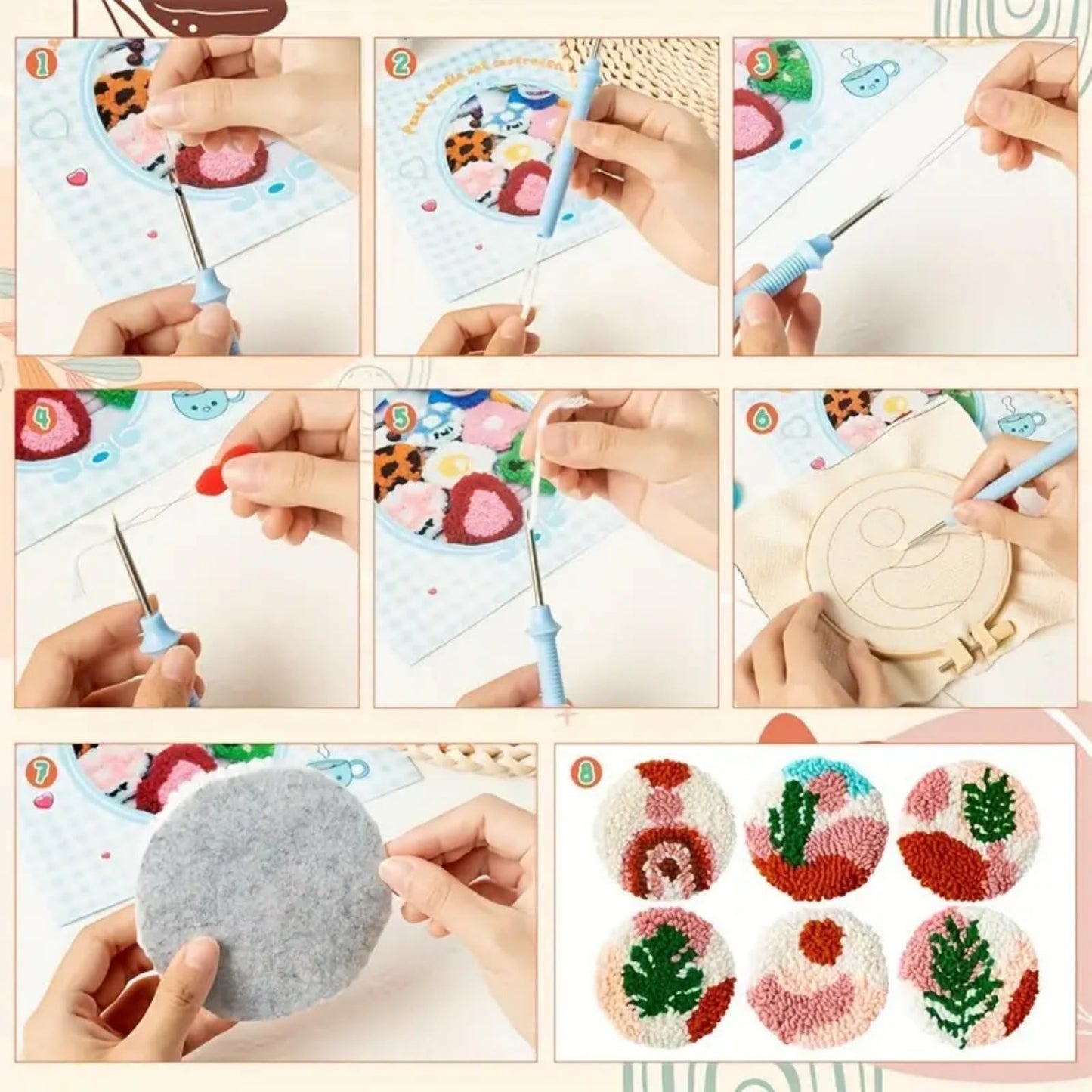 Avtytsda 6PCS Punch Needle Coaster Kit,Easy Punch Needle DIY Embroidery Set with Tools, Yarns, Hoop, Instructions Easy for Beginners, Kids, Adults, Handmade Gift and Decoration (Pink)