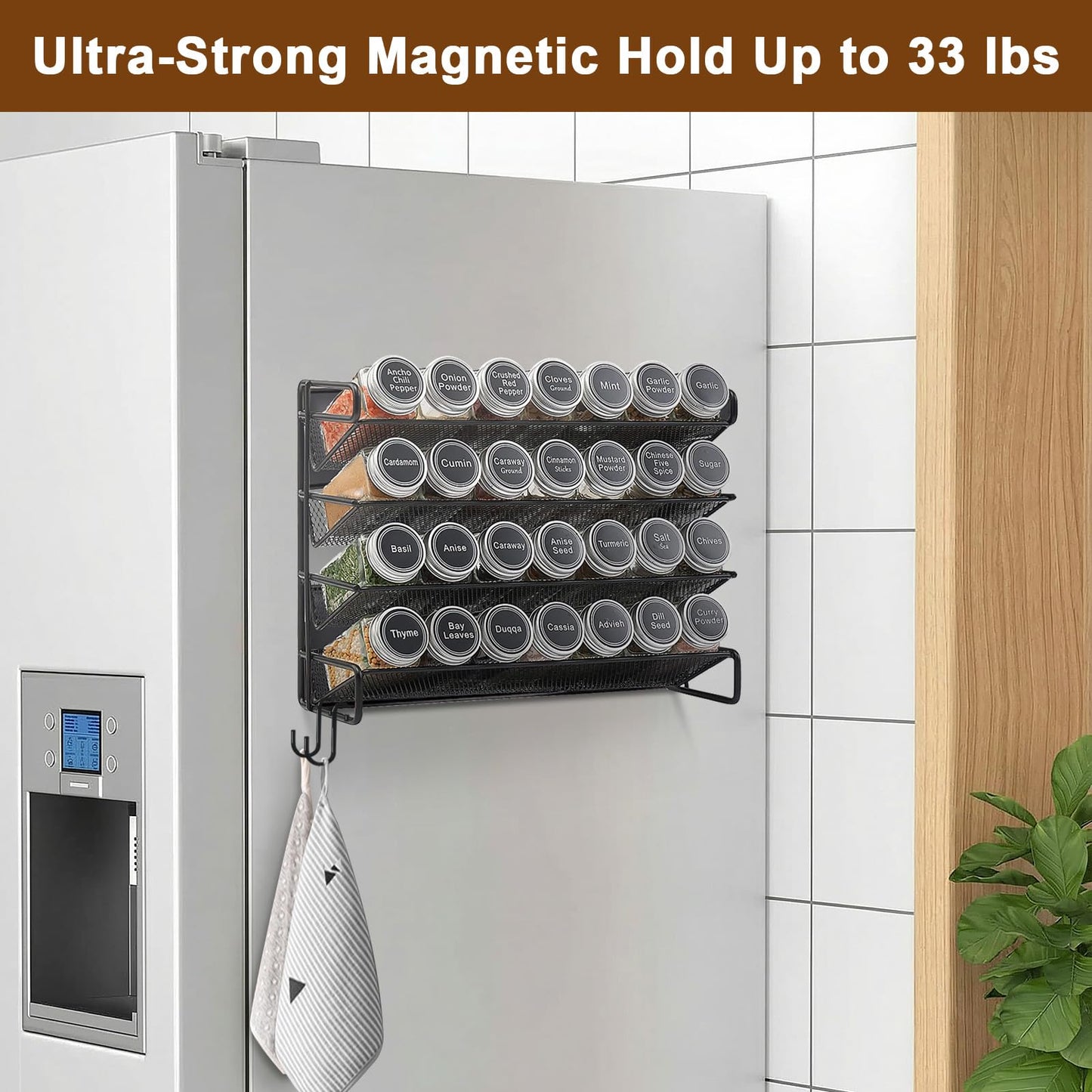 UVIAHOMI Magnetic Spice Rack Organizer for Refrigerator with 28 Spice Jars, 386 Spice Labels, 4 Hook, Chalk Marker and Funnel Set, Magnetic Shelf for Seasoning Organizer, 13.2'' W x 9.8 H, Black