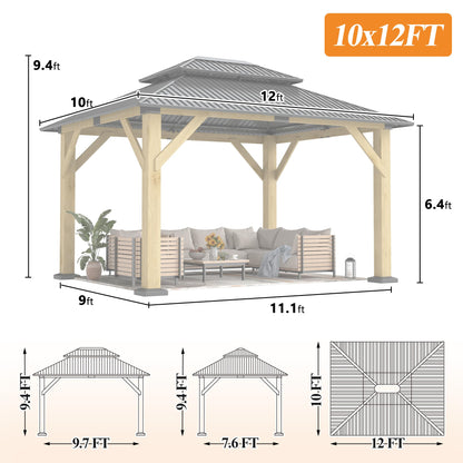 GARTOO 10' x 12' Outdoor Wooden Gazebo - Patio Hardtop Gazebo Permanent Wooden Pavilion with Galvanized Steel Double Roof, Wood Gazebos for Garden, Lawn, Poolside, Backyard Deck
