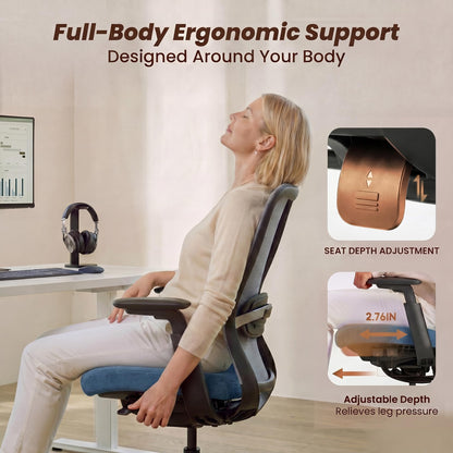 COLAMY Office Chair for Long Hours, Easy Wire-Control Desk Chair with Sliding Seat Depth & Thick Padded Lumbar Support, Heavy Duty 300 LBS High Back Mesh Computer Chair for Home Workstation,Blue