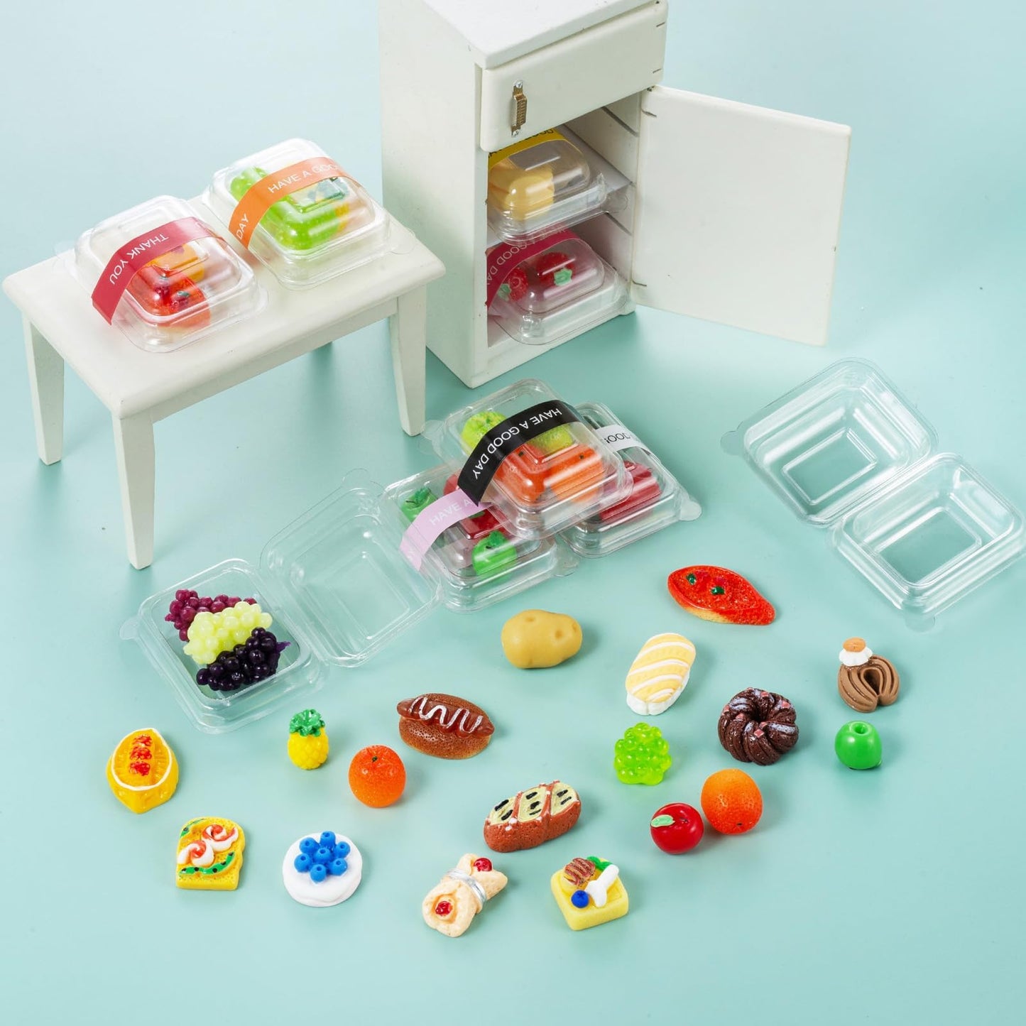 75Pcs Miniature Supermarket Food Lunch Box Dollhouse Kitchen Set Mini Takeaway Snacks Resin Fruit Crisper Accessories Bread Pretend Play Toys Grocery Store Kids Shopping Model Tableware Vegetables
