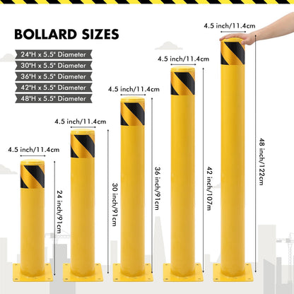 6 Pack fety Bollard, 30 x 4.5 Inch Steel Bollard Post, Yellow Parking Post, Removable Safety Barrier with Anchor Bolts, High Visibility Driveway Barrier for Construction, Traffic Control, Warehouses