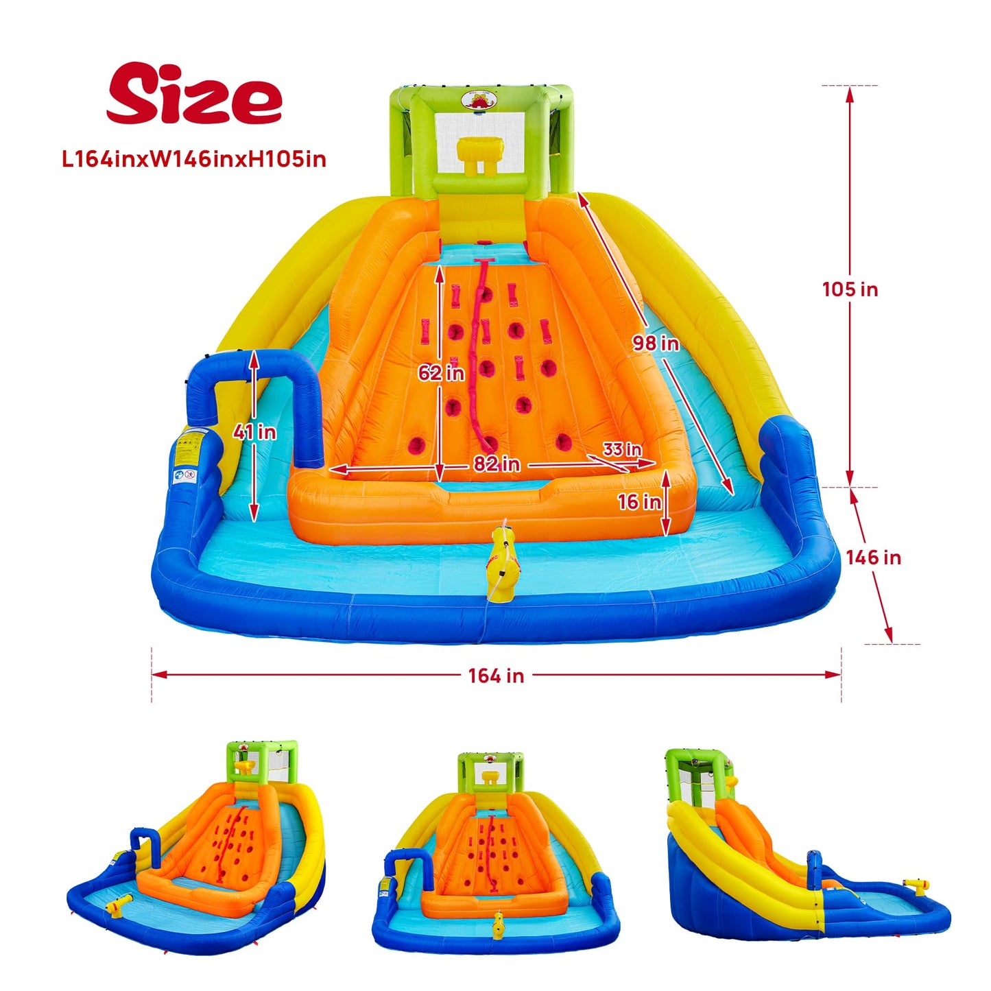 WELLFUNTIME Inflatable Water Slide, Bounce House with Water Bucket, Deep Pool, Climbing Wall with Rope, Bouncy Castle with Air Blower