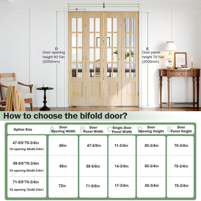 Roymelo Bifold Doors for 48"×80" (Four 12x80) Opening, Clear Glass French Interior Folding Barn Door with Concealed Hardware Kit Included, Spruce Wood Support DIY Dyeing, Preassembled Door, Save Space