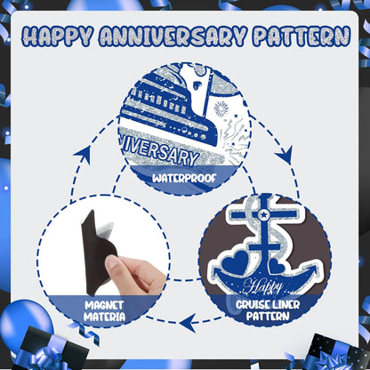 Happy Anniversary Cruise Door Magnets, Blue Silver Magnetic Decorations for Wedding Party, Refrigerator Decor