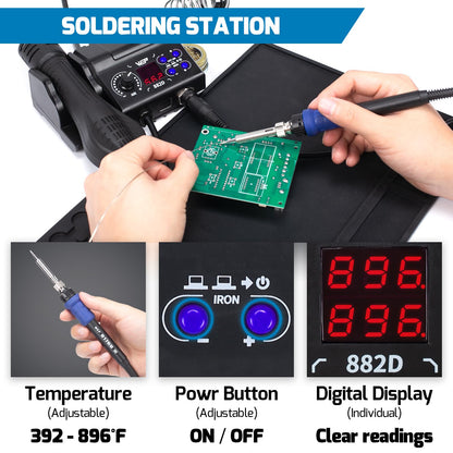 WEP 882D Soldering Iron Station 2-IN-1 SMD Hot Air Rework Station with 2 Spools of Solder Wire, 5 Soldering Tips, 3 Hot Air Nozzles, Brass Wool Tip Cleaner, Tweezers, Desoldering pump
