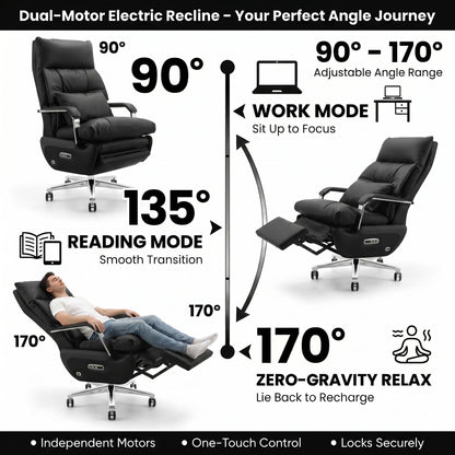 Dual Motor Executive Office Chair with Footrest, 170° Reclining Wide Seat Ergonomic Leather Desk Chair, One-Touch Reset, 450LBS Big and Tall for Home&Office (Black)