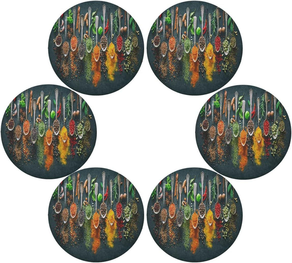 Autumn Herbs Spices Round Placemats Set for 4, Easy to Clean Table Mats for Kitchen Home Party Decor 15 inch
