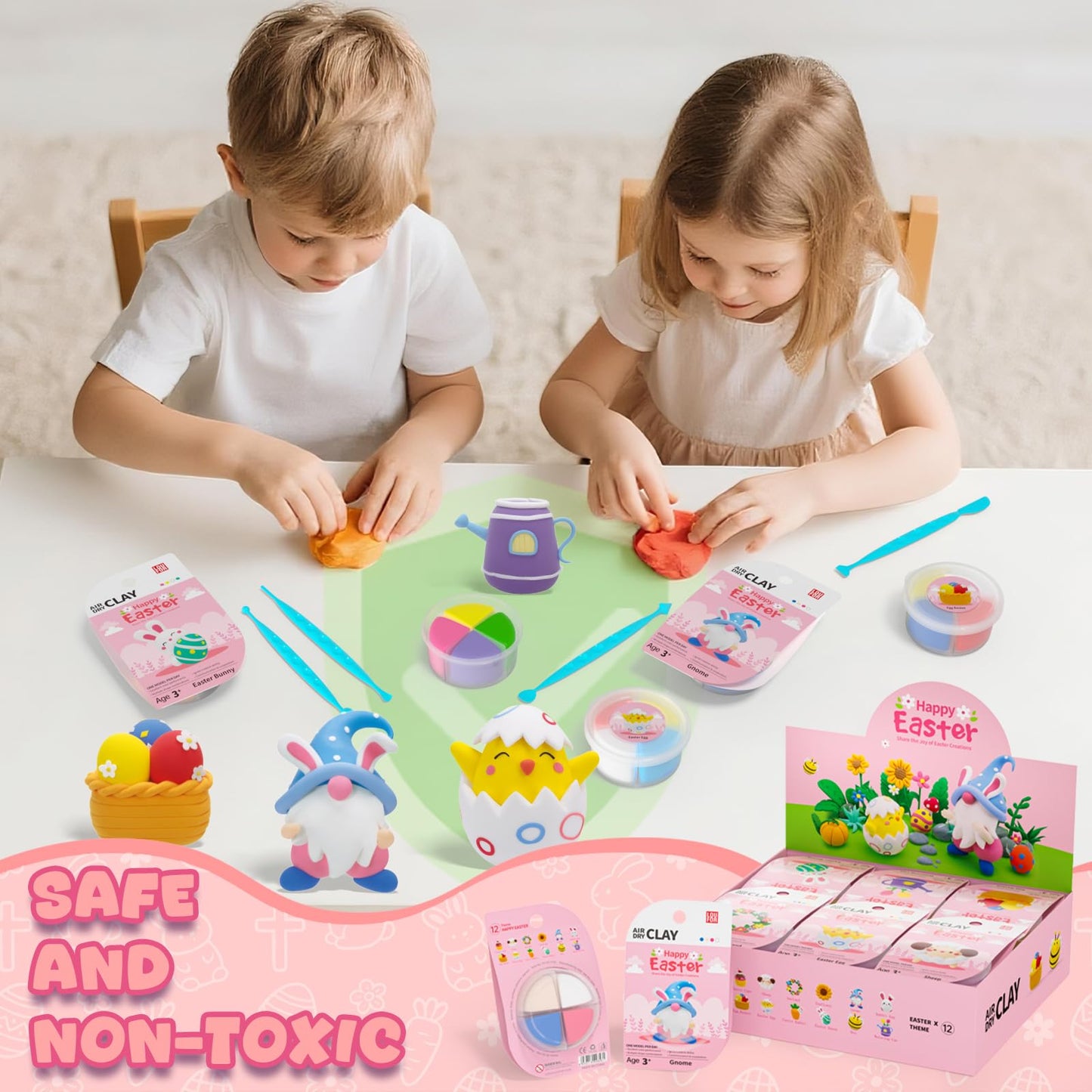Loufor Air Dry Clay Kits Easter - Modeling Clay for Kids, Ultra Light & Soft, Safe & Non-Toxic, 12 Boxes Model Magic Clay with Sculpting Tools und Tutorials, DIY Creative Arts und Crafts Toys Gifts