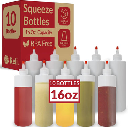 16 oz. 10 Pack 16 Reli. Plastic Squeeze Bottles, | | Condiment Squeeze Bottles for Sauces | Clear w/Red Tip Cap | Ounce