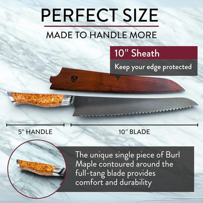 STEELPORT Sourdough Tool Set (3 Pcs.) – 10” Carbon Steel Serrated Bread Knife, Stainless Steel Bench Scraper & Wooden Sheath | Professional Artisan Baking Kit for Homemade Bread, Made in USA