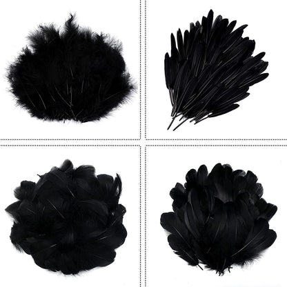 MWOOT 400Pcs Black White Feathers, 4 Assorted Crafts Feathers for Halloween Costume Wings Dream Catchers DIY Christmas Tree Wreath Wedding Decor Art Handmade