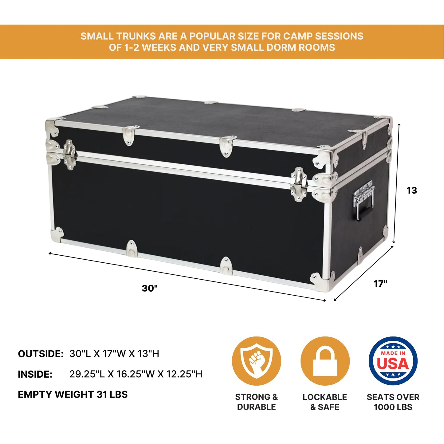 Rhino Trunk & Case Small Essential Trunk With Wheels, Tray, & Lid Organizer - 30"x17"x13", 1000+ lbs Capacity. Strong, USA Made Summer Camp Footlocker, and Secure College Dorm Storage Chest