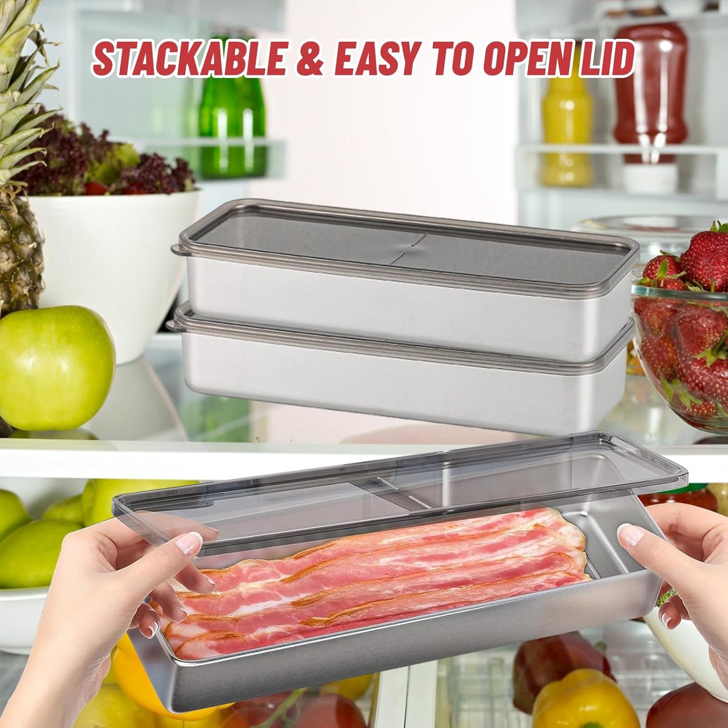 2 Pack Bacon Keeper Container, Cheese Container for Fridge, Stainless Steel Deli Containers with Lids for Refrigerator
