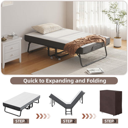 CAIYUN Folding Bed with Mattress and Storage Cover - 75"x38" Twin Size Frame, Portable Rollaway Guest Bed with 5-inch Memory Foam Mattress, Space-Saving Foldable Design for Easy Storage