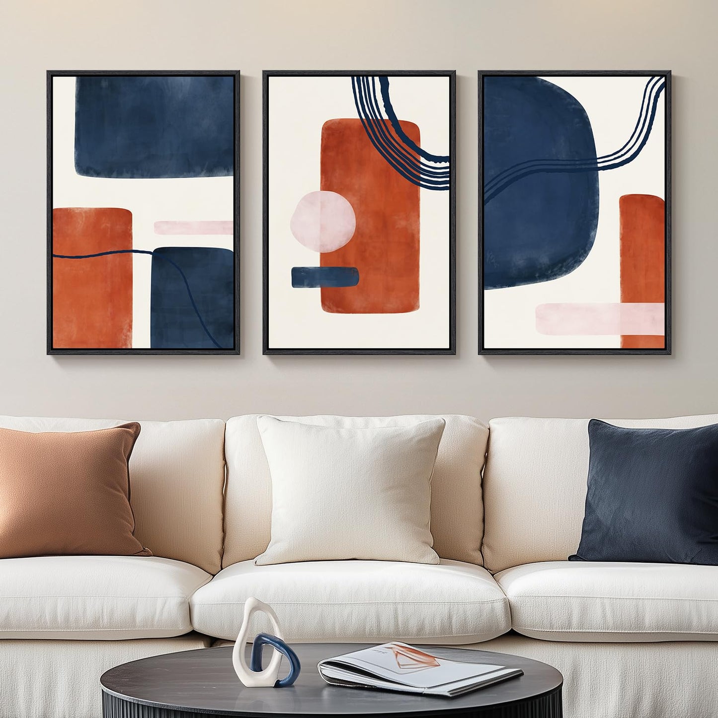Framed Boho Sage Green Wall Art for Living Room, Large Mid Century Modern Tropical Leaf Canvas Artwork for Walls, 3 Piece Beige Orange Bohemian Wall Art Prints for Bedroom Kitchen Hallway, 16x24 Inch