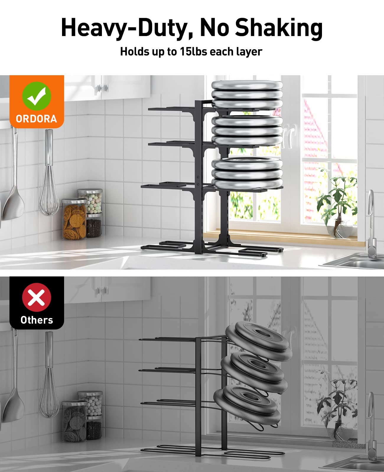 ORDORA Pots and Pans Organizer: under Cabinet, 20.8" Height Heavy Duty 120LBS Pots Pans Organizer Rack for under Cabinet 8-Tier Adjustable for Big Stockpots, Dutch Oven, Cast-iron Pans, Heavy Cookware