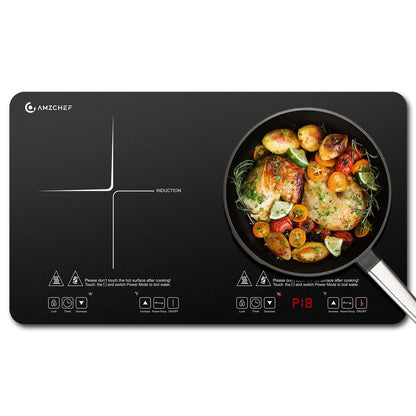 AMZCHEF Portable-Induction-Cooktop-2-Burner-ETL-Certified: 18 Power & 20 Temperature Levels Induction Burners 1800W, Independent Control,10-hour Timer, Safety Lock, Low Noise Electric Cooktops
