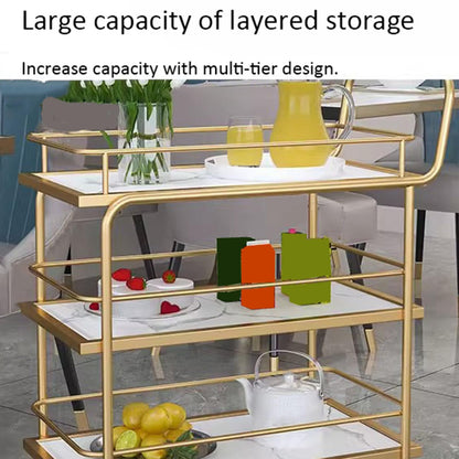 Gold Hotel Service Cart 3Tier Metal Restaurant Trolley with Fence and EcoFriendly Marble PanelsElegant White Finish for Dining and Catering Use