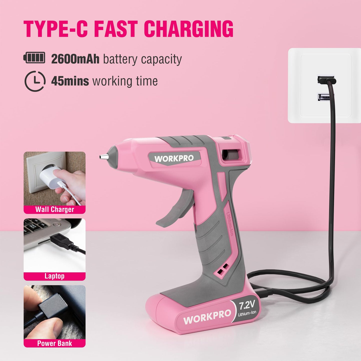 WORKPRO Cordless Hot Glue Gun, 30s Fast Preheating, 7.2V Dual-Temp Glue Gun Kit with 50pcs Glue Gun Sticks, Storage Bag, USB-C Charging Cord, 2600mAh Battery for DIY and Crafting