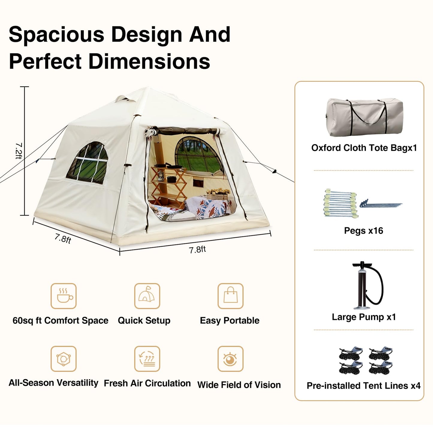 KNUO Inflatable Tent for Winter Camping 7.8x7.8ft Blow Up Air Tents, No Assembly Needed Luxury Glamping Tent for 1/2/3 People, Waterproof Oxford, Beige