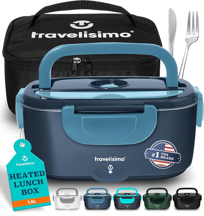 TRAVELISIMO Electric Lunch Box for Adults 100W Heated Lunch Box For Men 1.5L Stainless Steel Portable Food Warmer, 12/24/110V for Travel & Work, Loncheras Electricas Para Calentar almuerzo