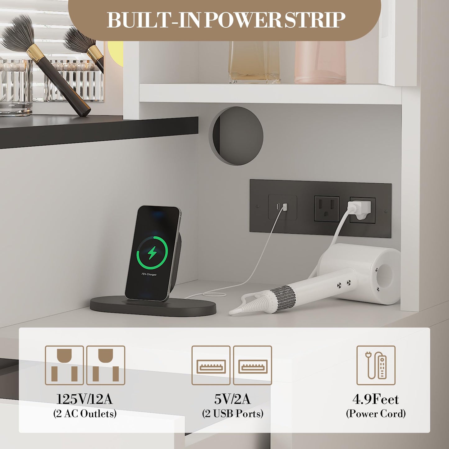 GarveeHome Makeup Vanity Desk and Stool, Vanity Desk with Lights, Vanity Table Set with Charging Station, Drawers and Hidden Storage Shelves, White