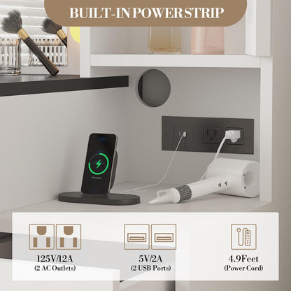 GarveeHome Makeup Vanity Desk and Stool, Vanity Desk with Lights, Vanity Table Set with Charging Station, Drawers and Hidden Storage Shelves, White