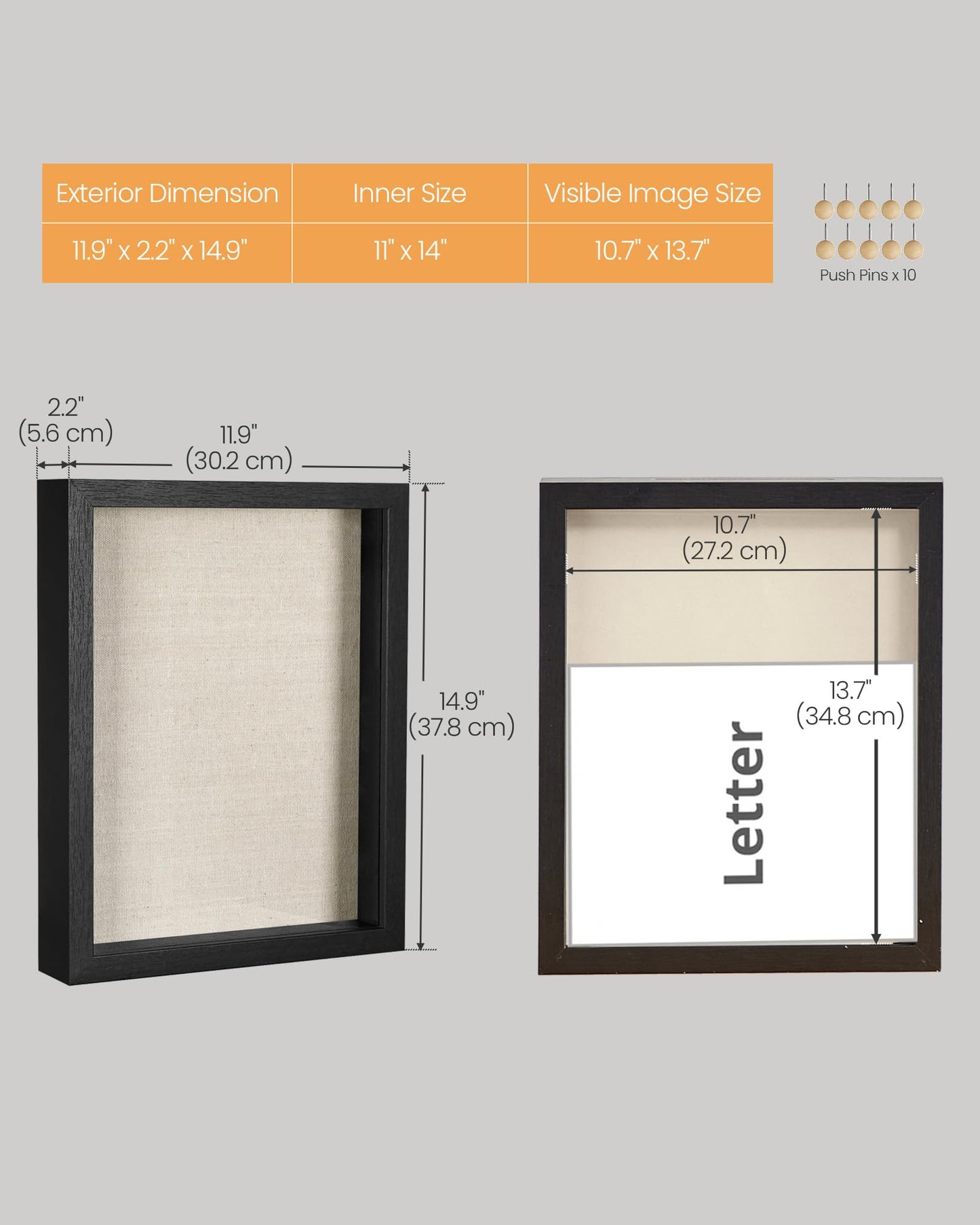 SONGMICS 11x14 Shadow Box Frame, Top Loading Display Case Frame , Glass Front with Top Slot and Push Pins, Linen Fabric Backing for DIY Craft, Gift Idea, Black URPF009B01