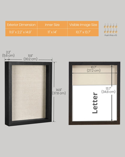 SONGMICS 11x14 Shadow Box Frame, Top Loading Display Case Frame , Glass Front with Top Slot and Push Pins, Linen Fabric Backing for DIY Craft, Gift Idea, Black URPF009B01